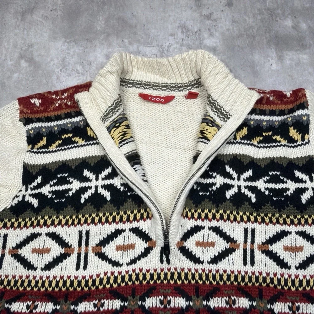 Vintage Style Izod Men's Fair Isle Nordic 1/4 Zip Ski Sweater Sz M Wool Blend